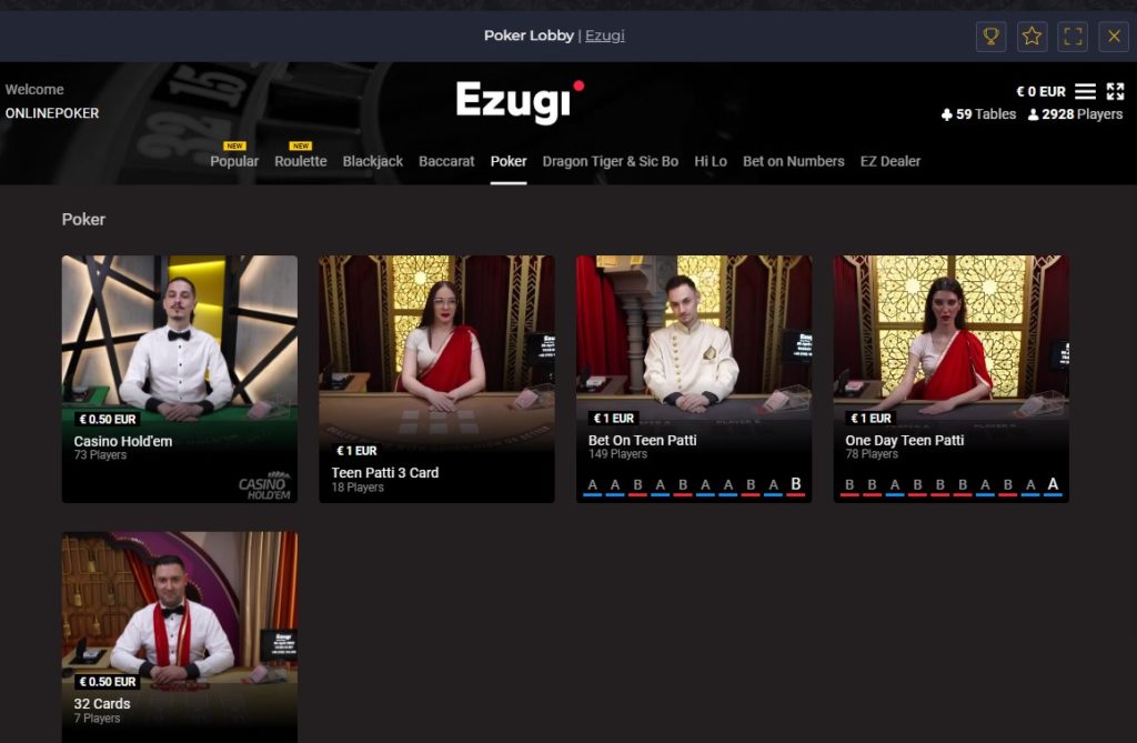 Ezugi Poker Game Lobby