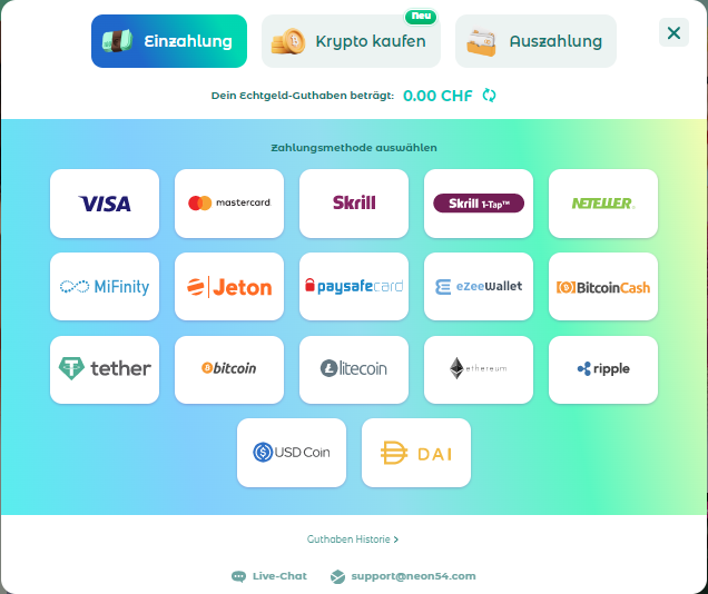 Neon54 Zahlungsmethoden