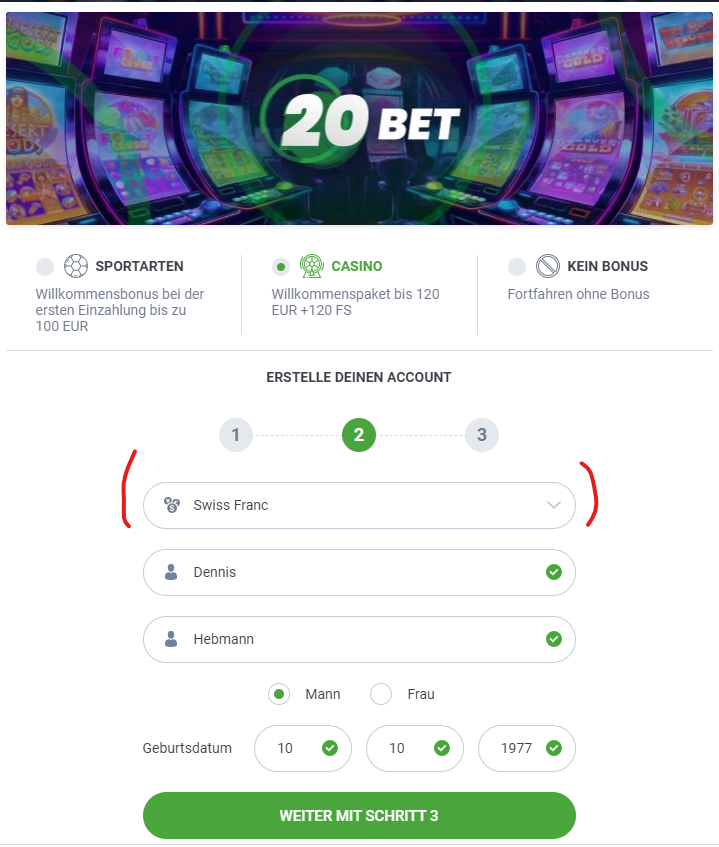 20Bet Anmeldung